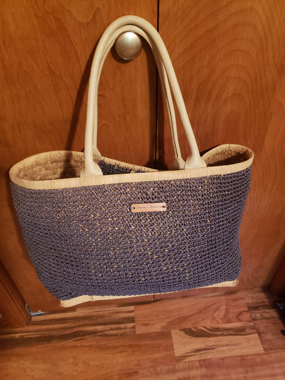 Unique Vintage Tommy Bahama Navy and Tan Woven Beach Bag
